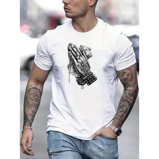 Tees For Men, Praying Hands With Money Print T Shirt, Casual Short Sleeve Tshirt For Summer Spring Fall, Tops As Gifts...