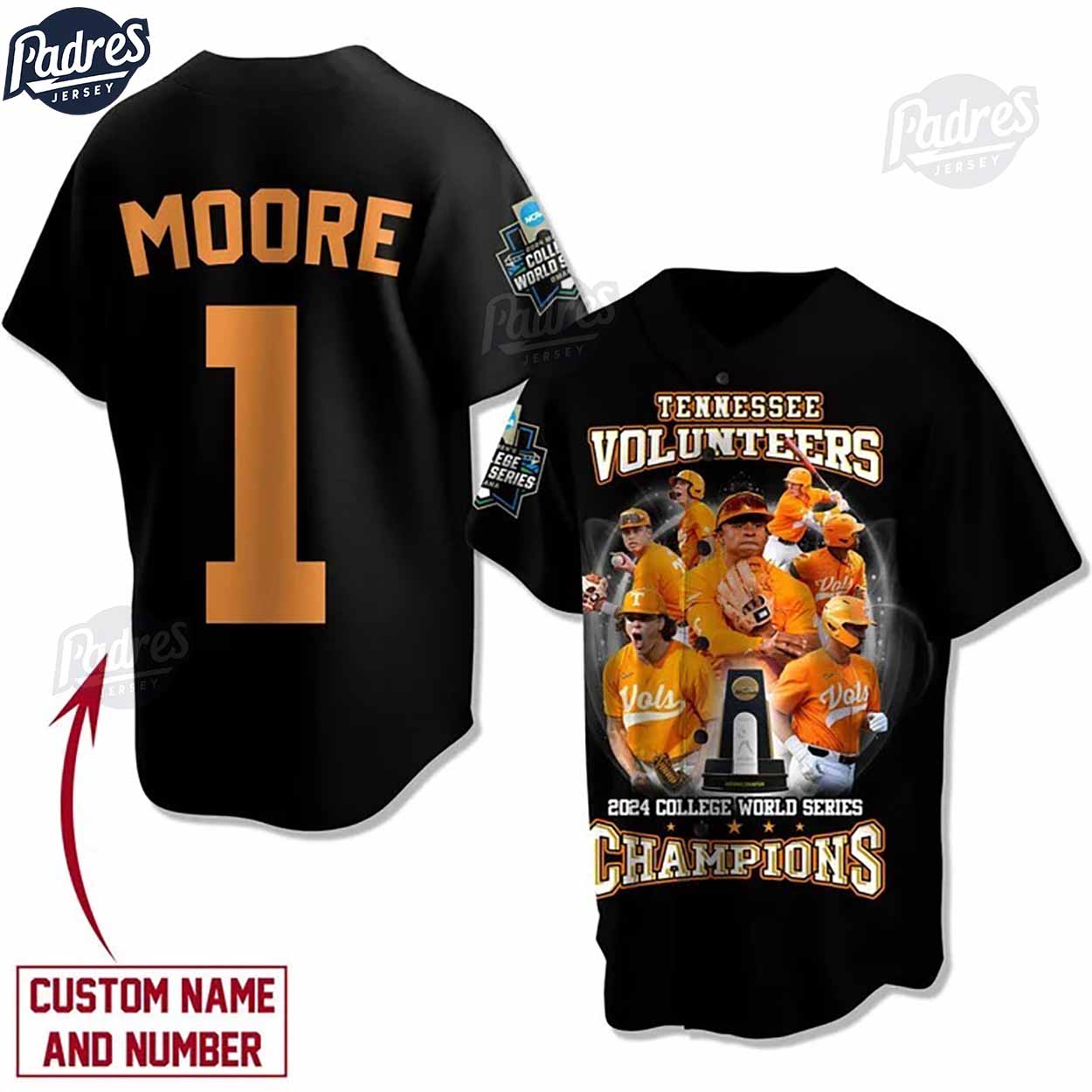 Tennessee Volunteers 2024 College World Series Champions Custom Black Baseball Jersey - Padres Jersey Oasis: Elevate Your Baseball Style Game