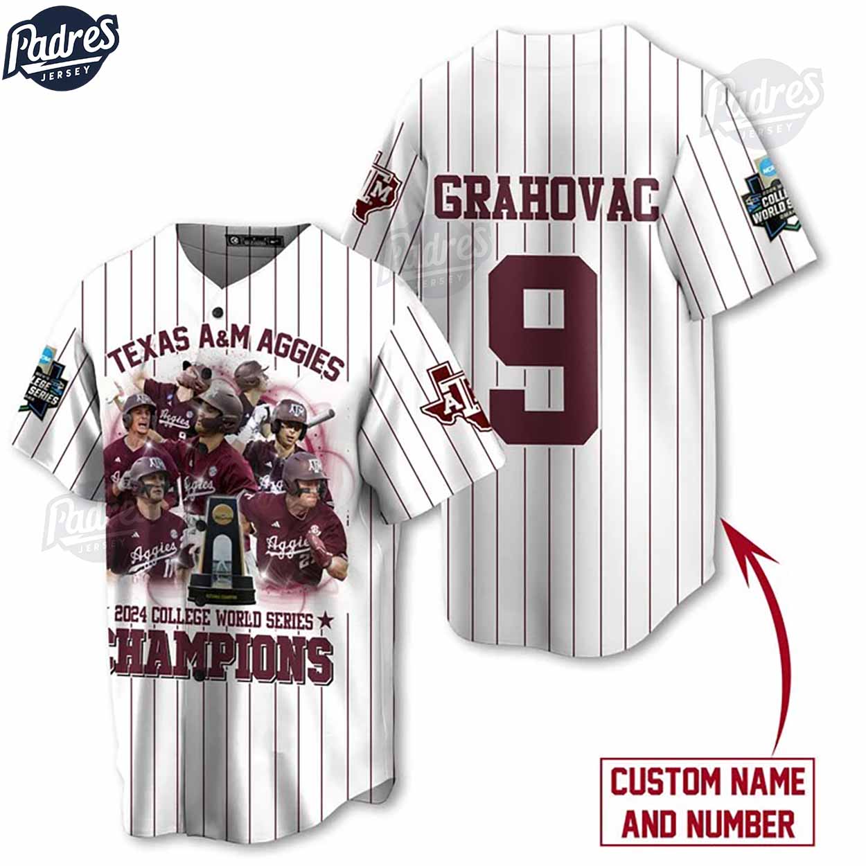 Texas A&M Aggies 2024 College World Series Champions Custom Baseball Jersey - Padres Jersey Oasis: Elevate Your Baseball Style Game