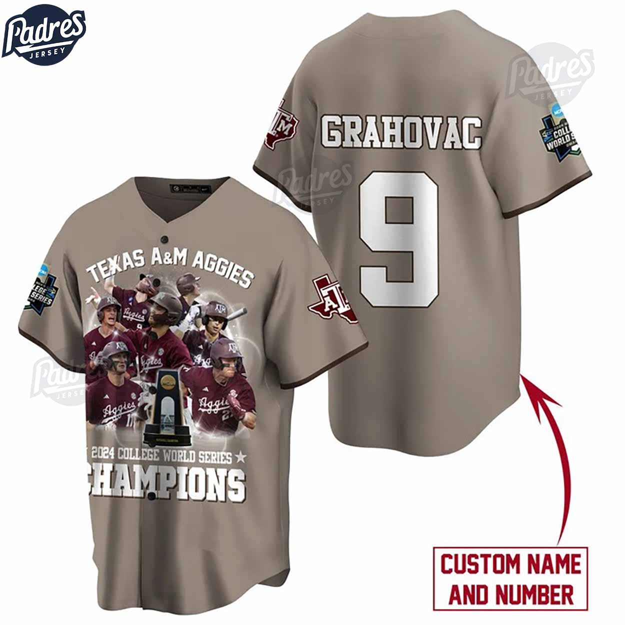 Texas A&M Aggies 2024 College World Series Champions Custom Grey Baseball Jersey - Padres Jersey Oasis: Elevate Your Baseball Style Game