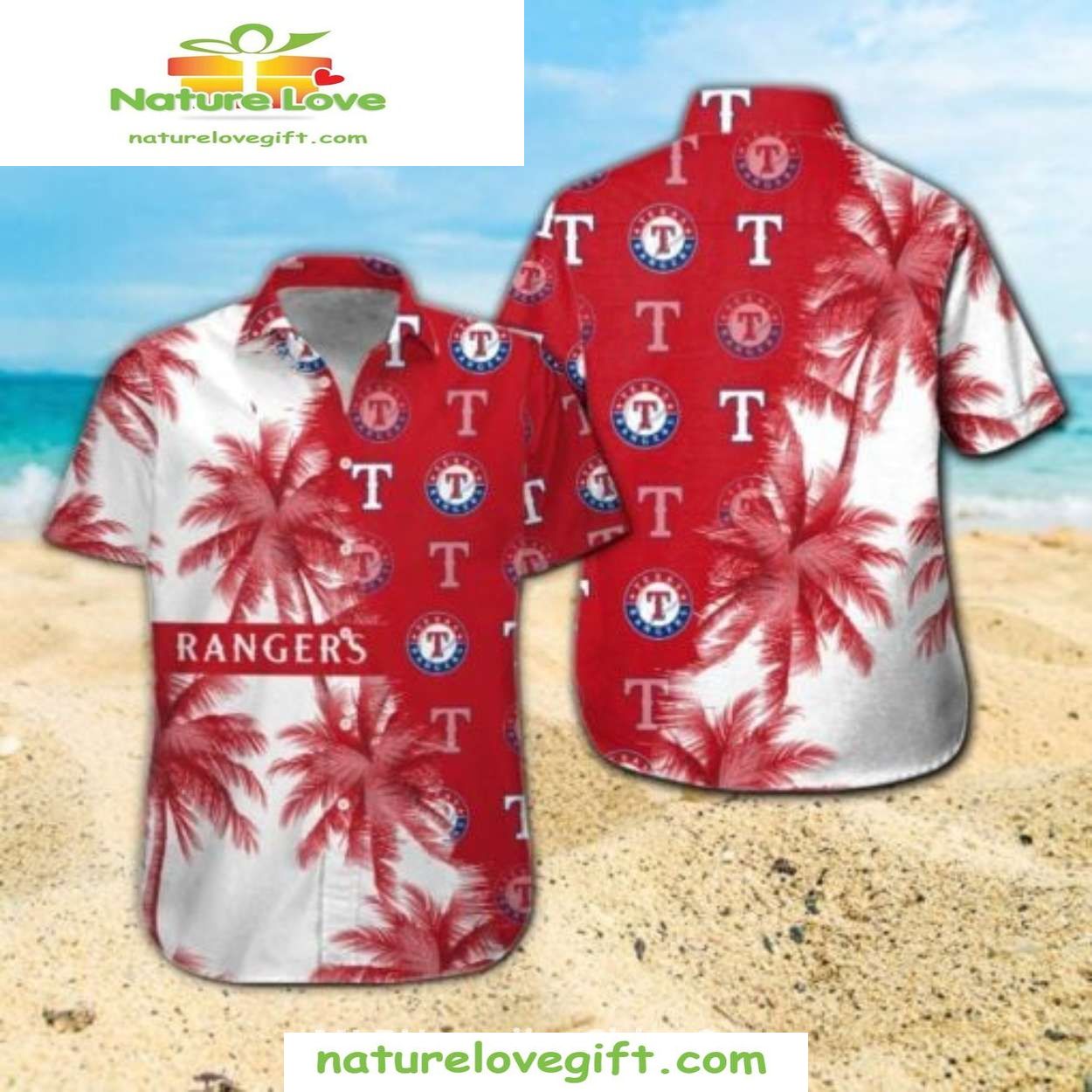 Texas Rangers Hawaiian Shirt Red Palms Logo MLB Baseball Apparel