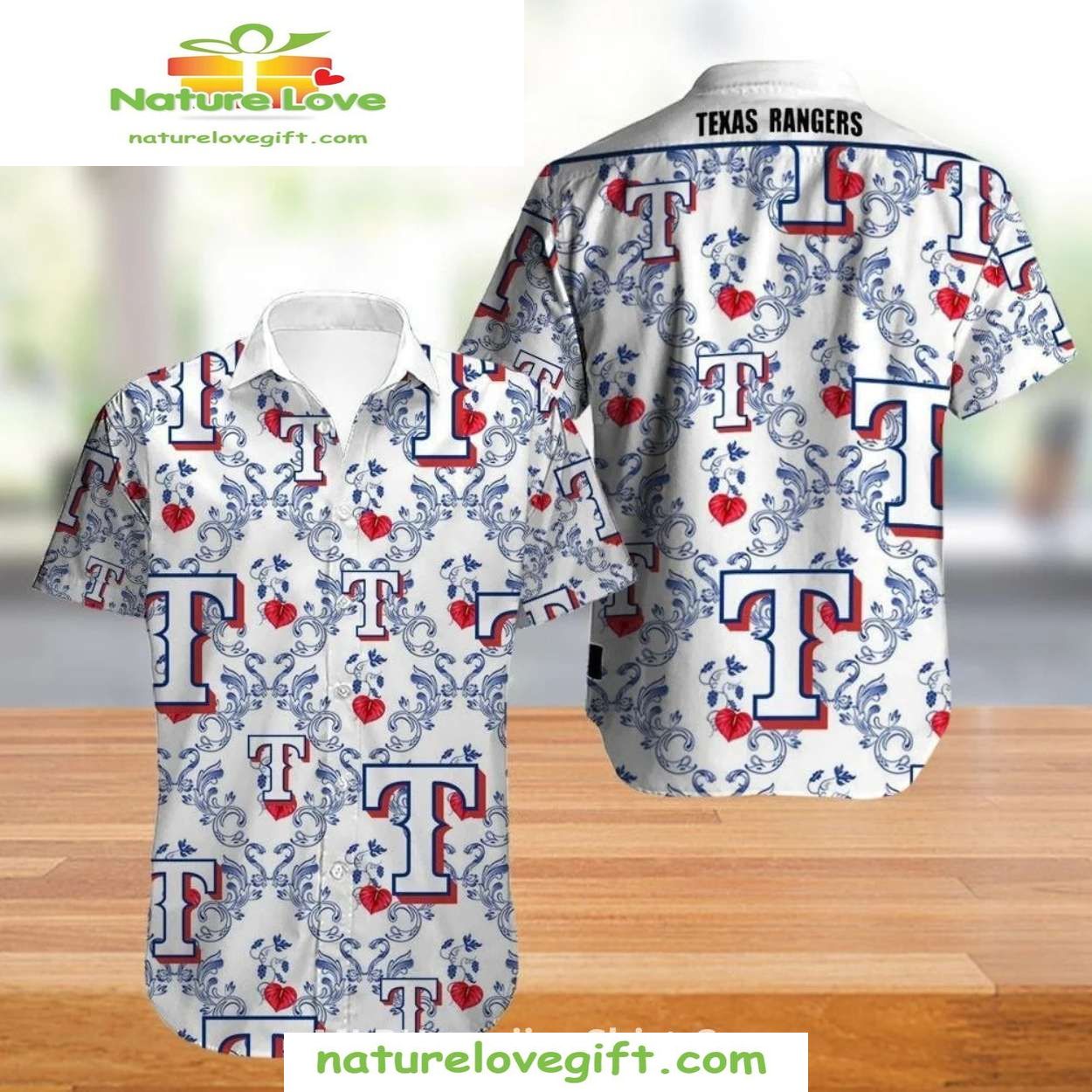 Texas Rangers Hawaiian Shirt Aloha Baseball Shirt Scroll Heart Pattern