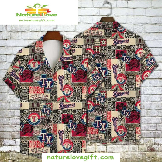 Texas Rangers Hawaiian Shirt MLB Tribal Patchwork Logo Baseball Apparel
