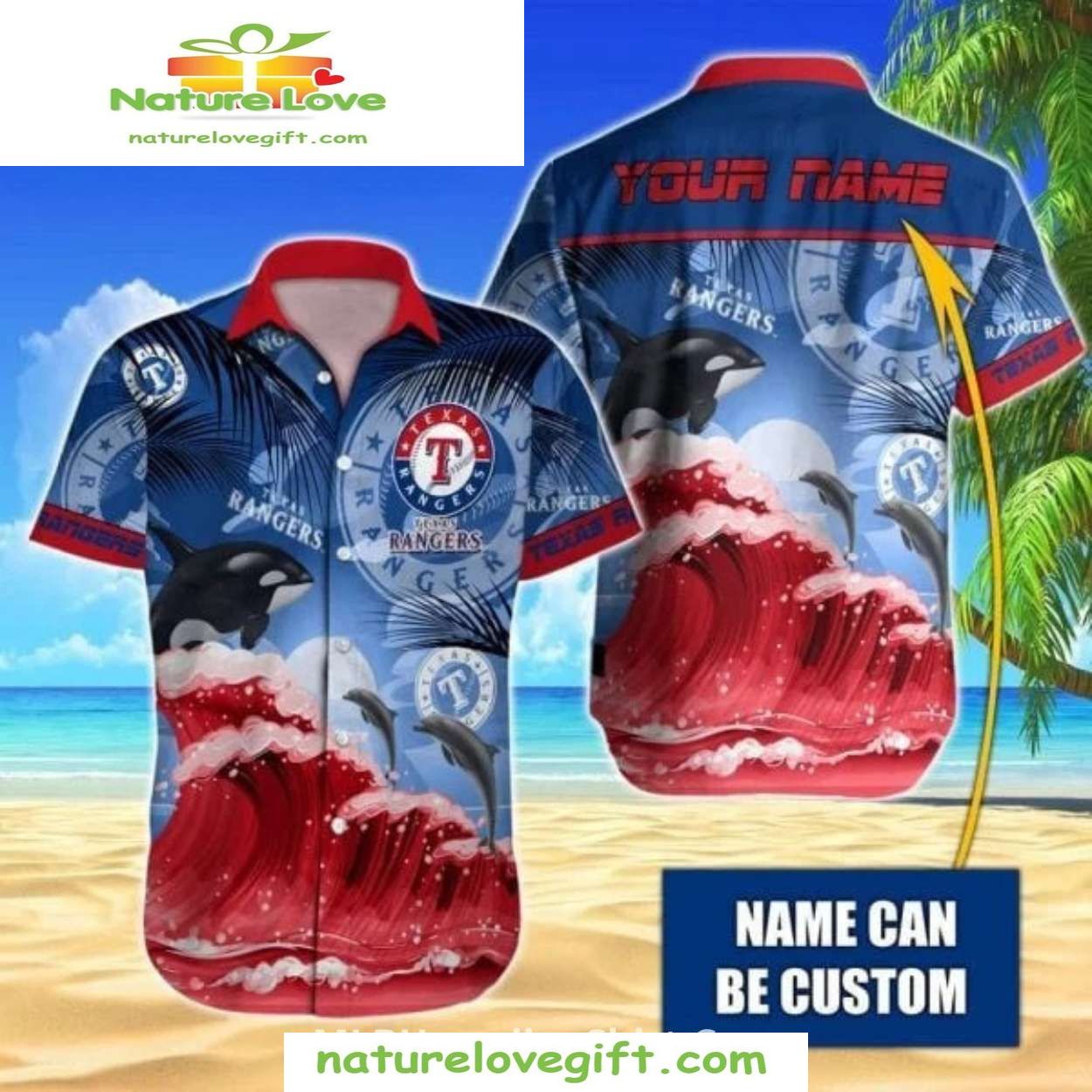 Texas Rangers Hawaiian Shirt Custom Name Dolphins Waves MLB Baseball Apparel