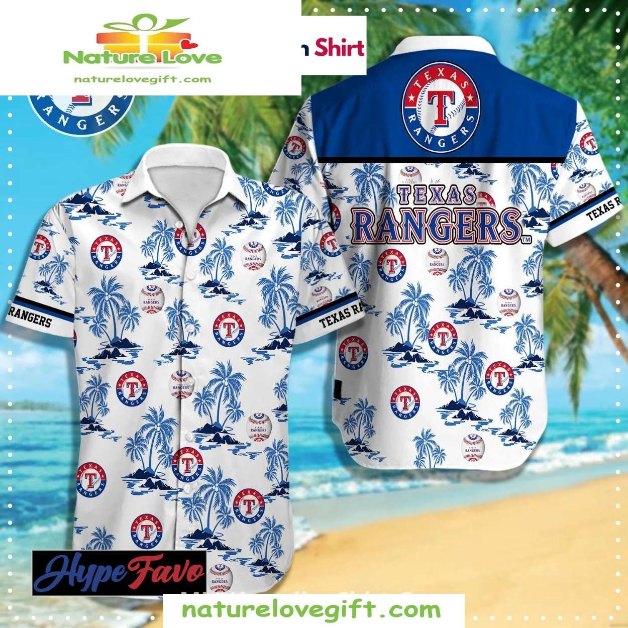 Texas Rangers Hawaiian Shirt Palm Trees Blue Trim MLB Baseball Apparel