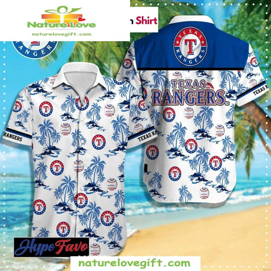 Texas Rangers Hawaiian Shirt Palm Trees Blue Trim MLB Baseball Apparel