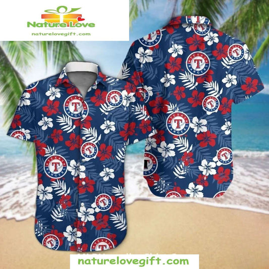 Texas Rangers Hawaiian Shirt Red White Hibiscus MLB Baseball Apparel