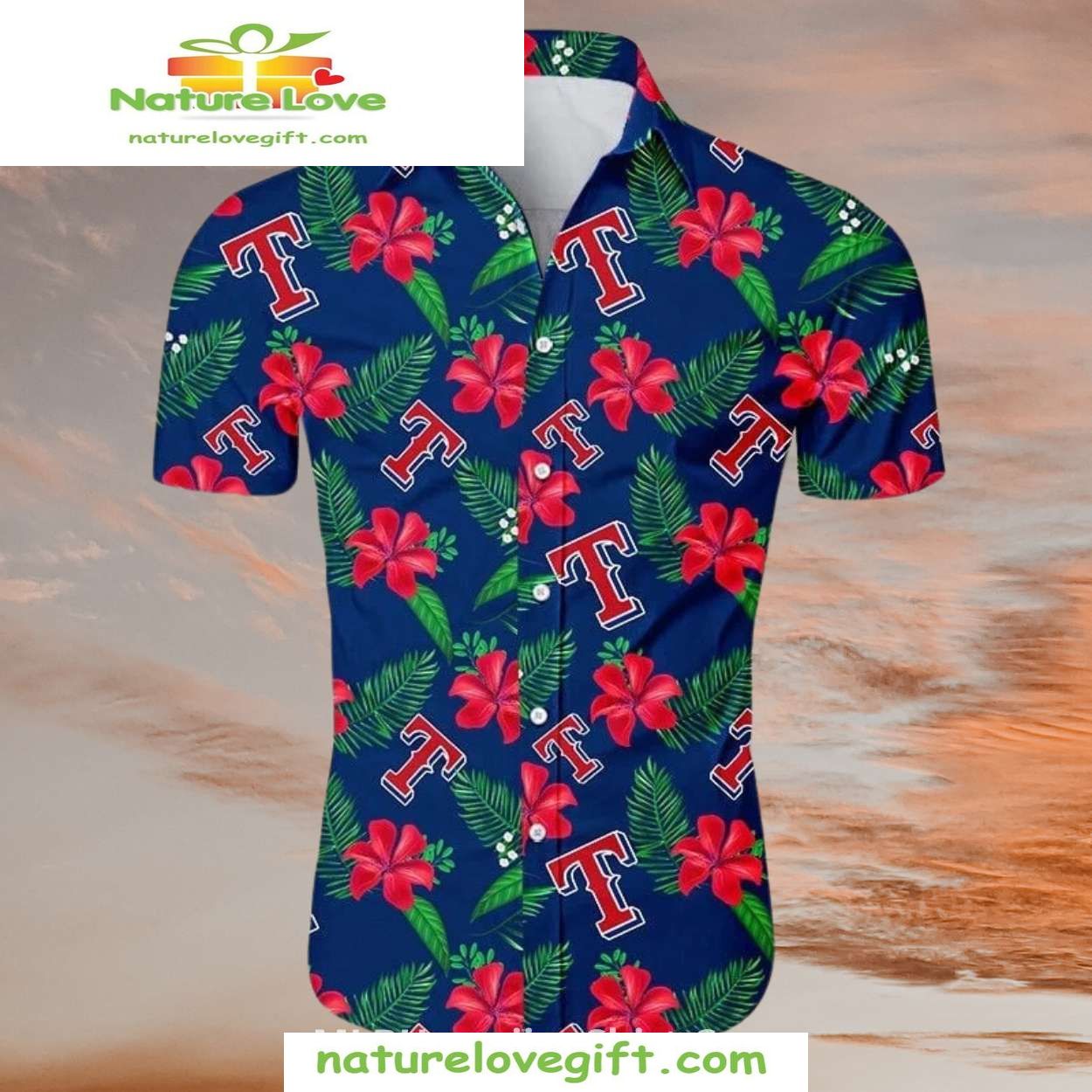 Texas Rangers Hawaiian Shirt Red Hibiscus Leaves MLB Baseball Apparel