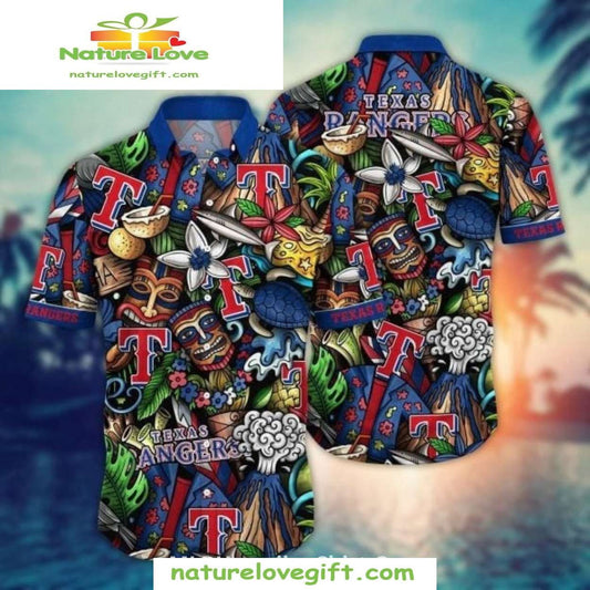 Texas Rangers Hawaiian Shirt Tiki Surf Baseball Aloha Shirt