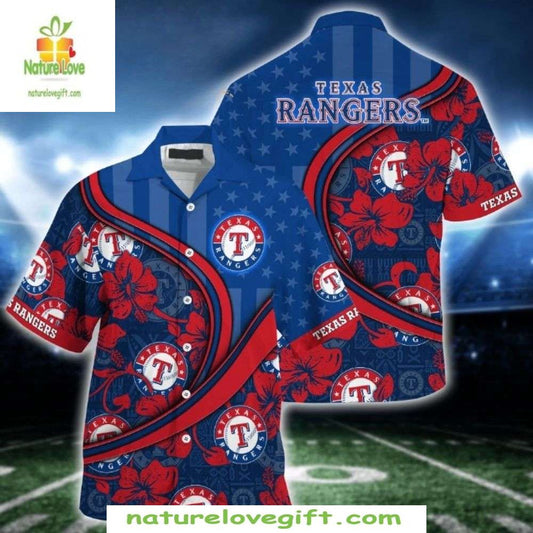 Texas Rangers Hawaiian Shirt Red Floral Starry Night US Flag MLB Baseball Apparel