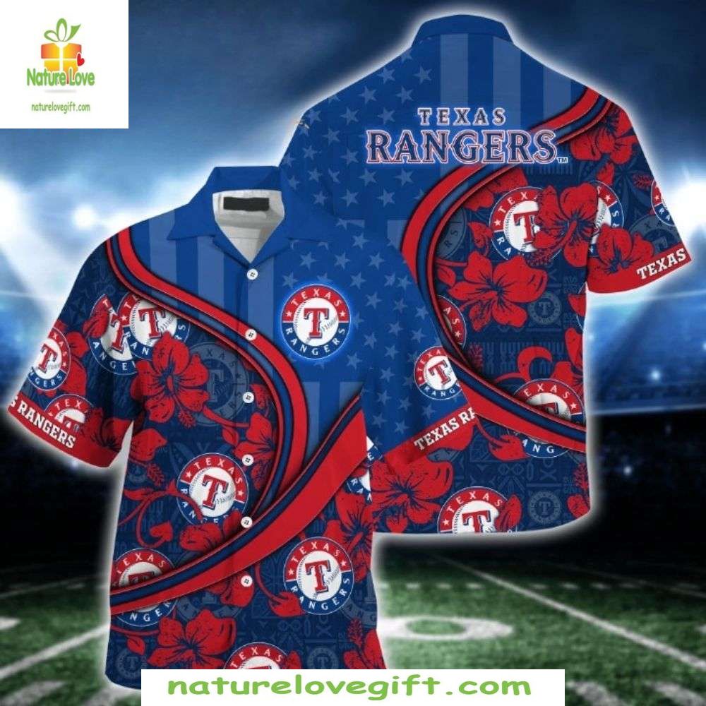 MLB Texas Rangers Hawaiian Shirt Red Floral Starry Night US Flag Aloha