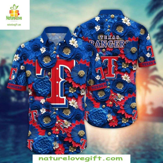 Texas Rangers Hawaiian Shirt Royal Blue Floral Baseball Apparel