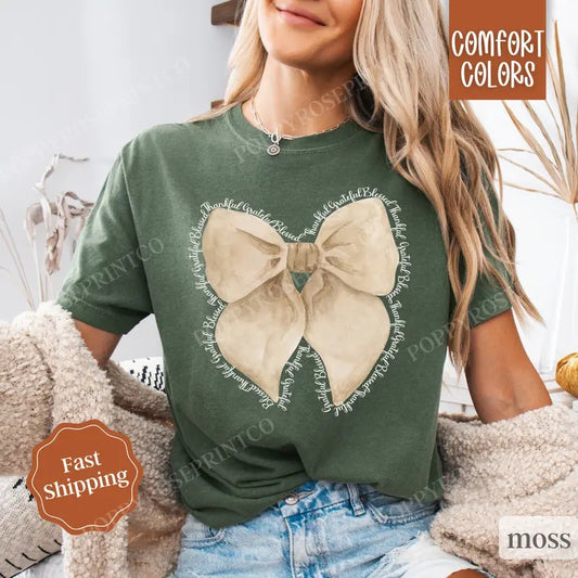 Thankful Bow Shirt Comfort Colors, Coquette Thanksgiving Tshirt,  Women's Fall Tee Hoodie, Sweatshirt | InkThreadWorks.com