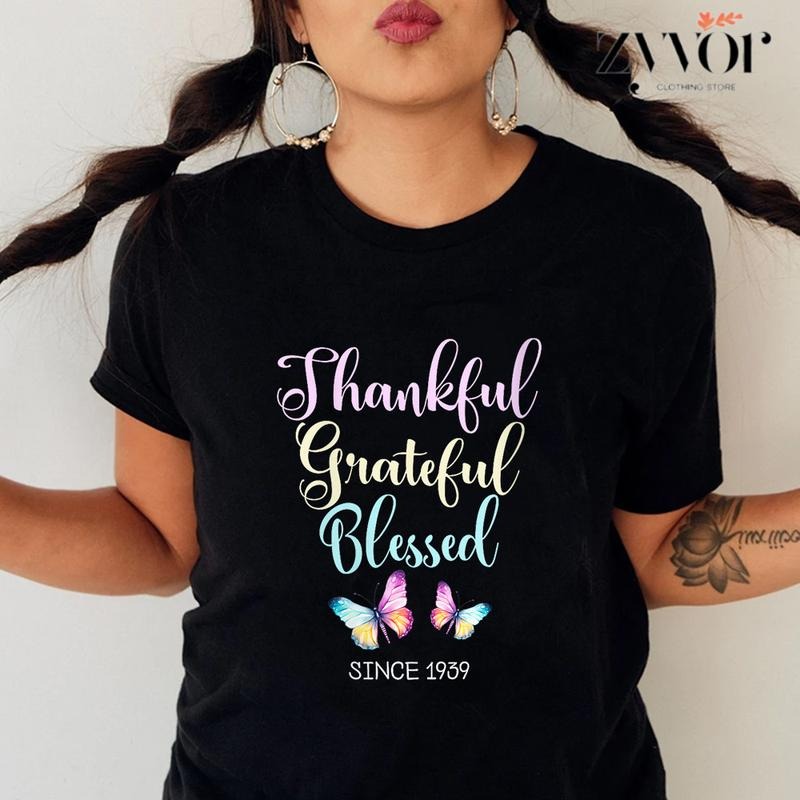 Thankful Grateful Blessed Since 1939 T-Shirt Casual Style Crew Neck Short Sleeve T-Shirt Tops Trendy for Unisex, Perfect...