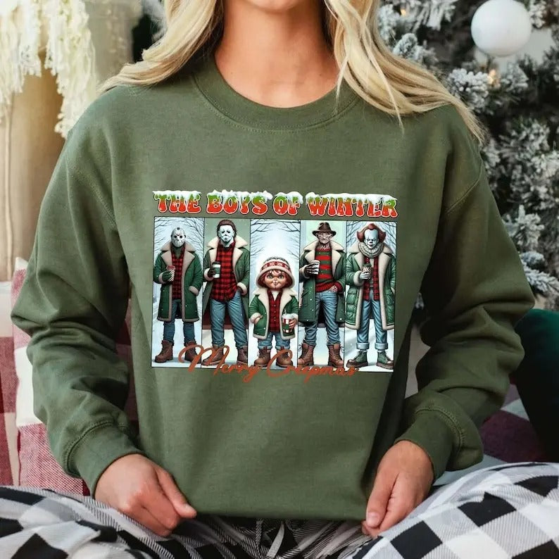 The Boys Of Winter Sweatshirt, Christmas Movie Shirt, Horror Character, Merry Creepmas, Xmas Horror Friends, Unisex Long...
