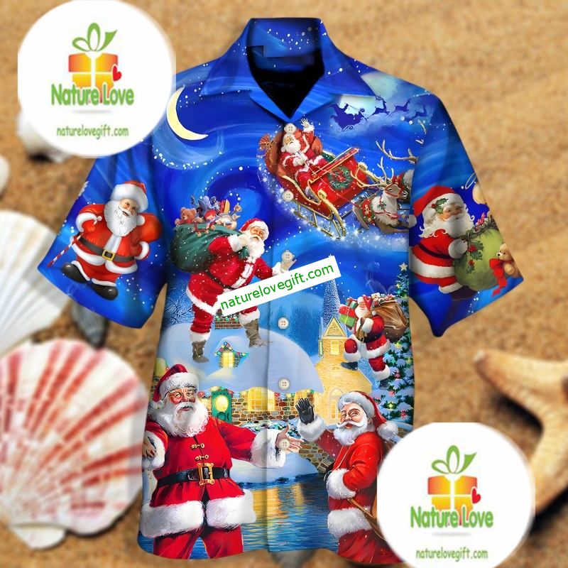 The Christmas Moon Santa Claus Delivers Gifts Blue Summer Hawaiian Shirts