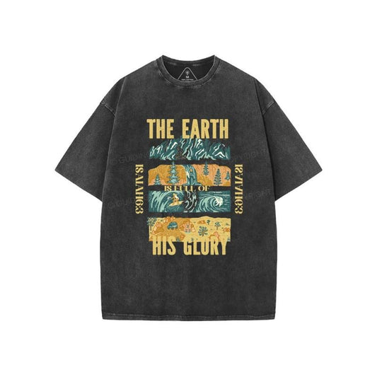 The Earth Is Full Of His Glory Washed T-Shirt Pure Cotton Fabric Casual Streetstyle Crew Neck Short Sleeve Soft-Washed...