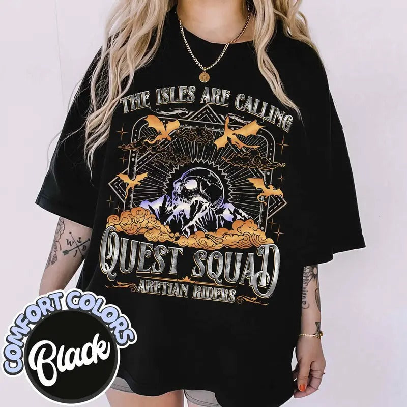 The Isles Are Calling Quest Squad Aretian Riders Shirt, Onyx Storm Shirt, Fourth Wing, Bookish Shirt, Romantasy Fan Ridoc...