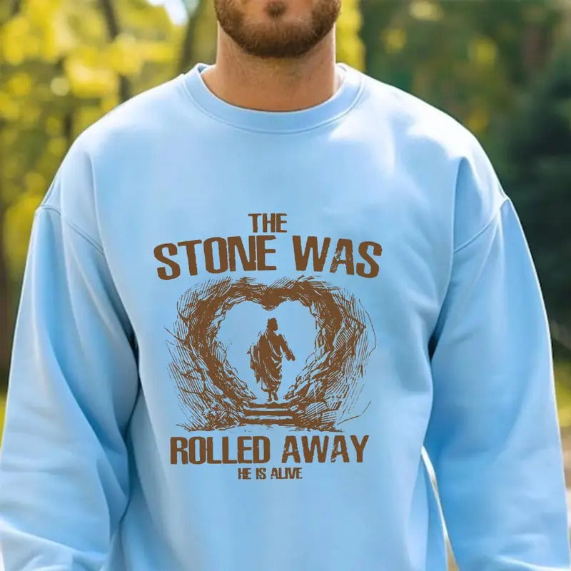 The Stone Was Rolled Away He Is Alive Sweatshirt Casual Street Style Fleece Fabric Crewneck Pullover Sweatshirt Tops...
