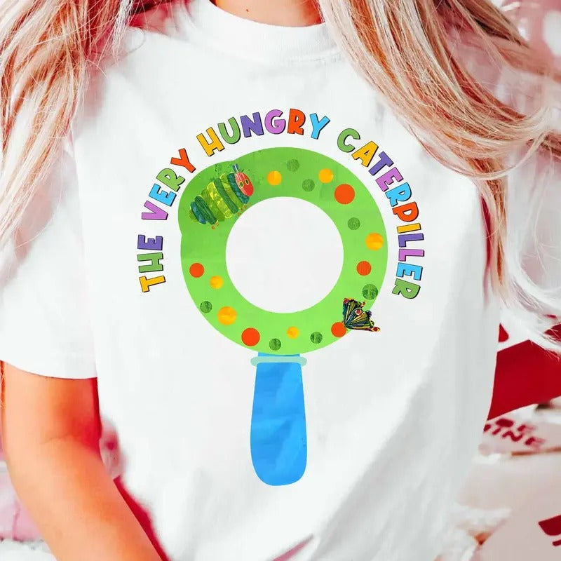 The Very Hungry Caterpillar Magnifying Glass Shirt, Kindergarten Shirt, Hungry Caterpillar Shirt, Cartoon Shirt, Children...