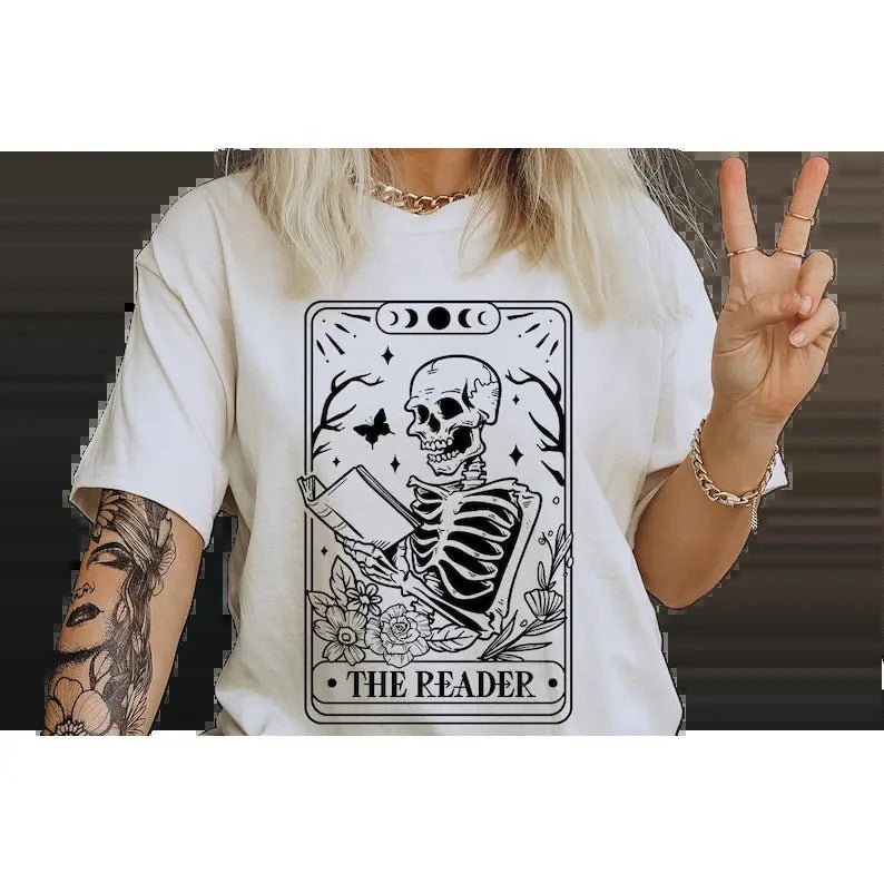 The reader tarot card shirt, Skeleton Booktrovert shirt, dark romance shirts, acotar, throne of glass book merch Hoodie,...