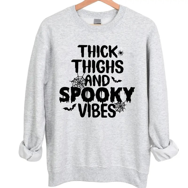 Thick Thighs and Spooky Vibes Halloween Crewneck Sweatshirt Hoodie Tshirt, Halloween 2024 Gifts | InkThreadWorks.com