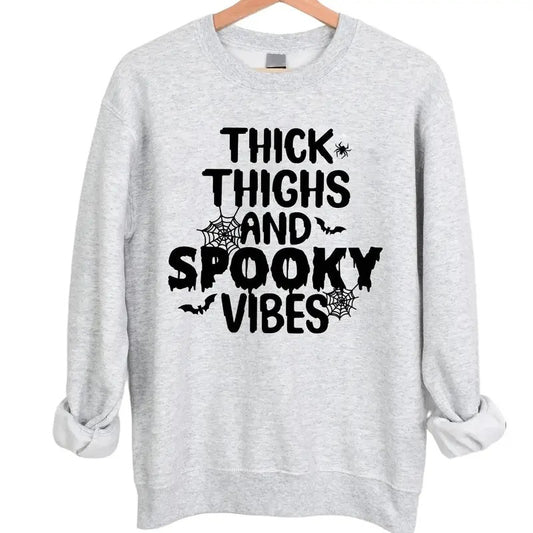 Thick Thighs and Spooky Vibes Halloween Crewneck Sweatshirt Hoodie Tshirt, Halloween 2024 Gifts | InkThreadWorks.com