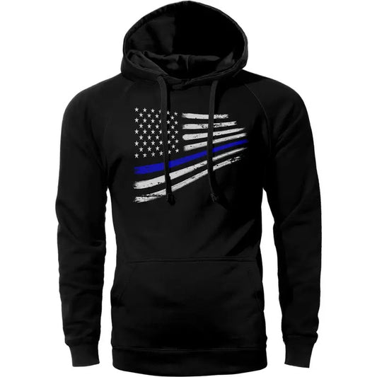 Thin Blue Line Flag Warped Design Police Lives Hoodie Sweatshirt Cotton Fabric Adjustable Breathable Drawstring Kangaroo...
