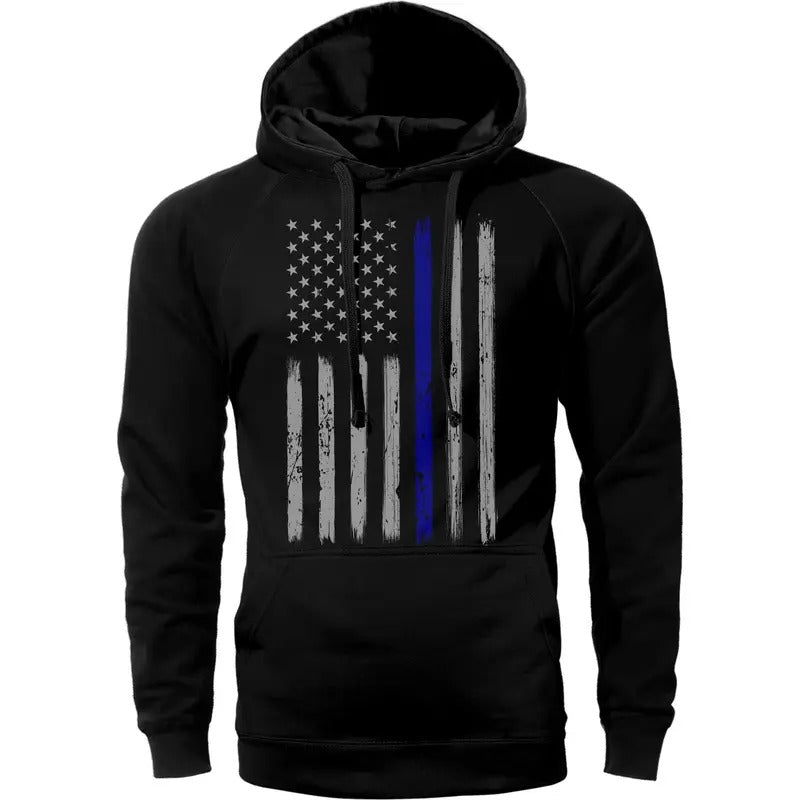 Thin Blue Line Vertical Brushed Flag Front Print Police Hoodie Sweatshirt Cotton Fabric T-Shirts | InkThreadWorks.com
