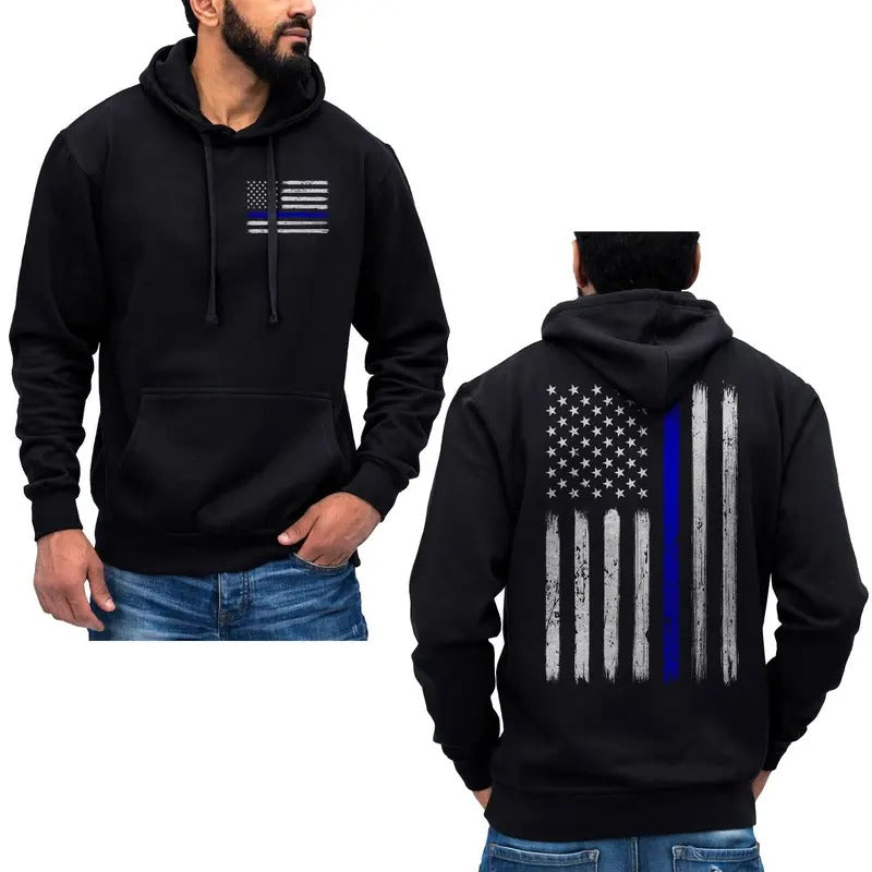 Thin Blue Line Vertical Brushed Flag Police Hoodie Sweatshirt Cotton Fabric T-Shirts | InkThreadWorks.com