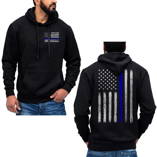 Thin Blue Line Vertical Brushed Flag Police Hoodie Sweatshirt Cotton Fabric T-Shirts | InkThreadWorks.com