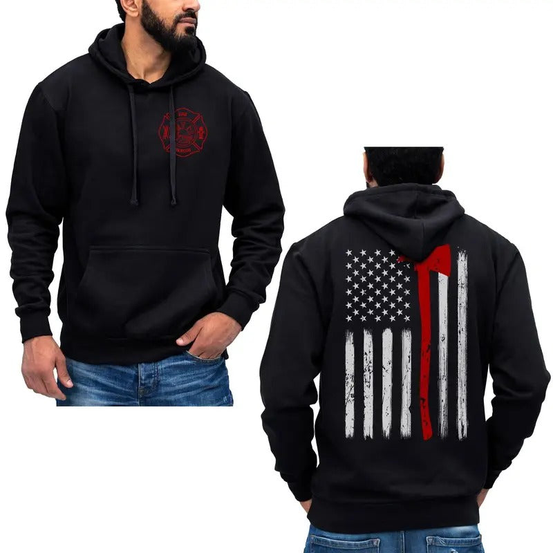 Thin Red Line Flag Axe Design USA Firefighter Hoodie Sweatshirt Cotton Fabric T-Shirts | InkThreadWorks.com