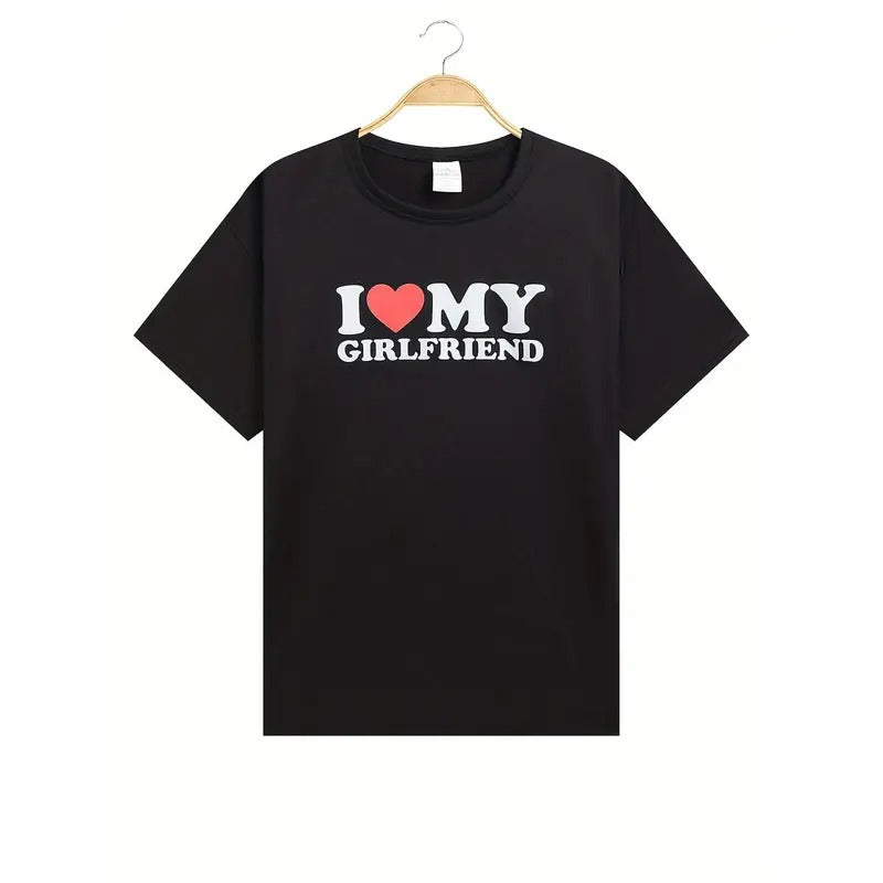 This men's comfortable t-shirt features an "I Love My Girlfriend" graphic print, men's summer clothing, men's apparel Menswear Top