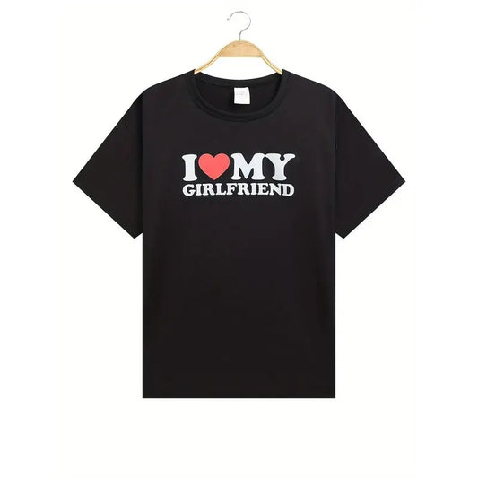 This men's comfortable t-shirt features an "I Love My Girlfriend" graphic print, men's summer clothing, men's apparel Menswear Top