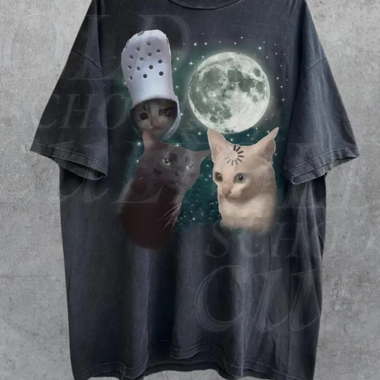 Three Cats Vintage Graphic T-shirts, Retro Cat Moon Tshirt, Cat Lovers, Funny Cat Tee