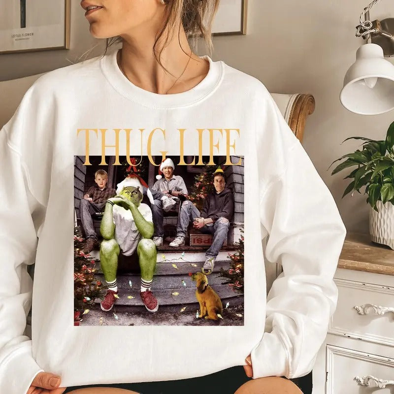 Thug Life Christmas Funny Movie Characters Sweatshirt, Christmas movie sweater, holiday crewneck Christmas friends Sweatshirt, Xmas gifts For women & men Cotton Unisex Womenswear Check