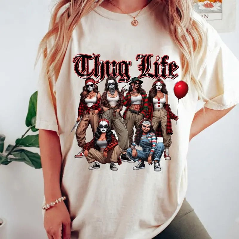 Thug Life Halloween Character Shirt, Comadre Crew Horror Movie Shirt, Halloween Mama Chigona, Old School Halloween Tee, Unisex Short Sleeve Tee Shirt, Casual Clothing