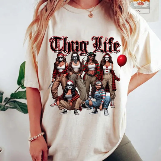 Thug Life Halloween Character Shirt, Comadre Crew Horror Movie Shirt, Halloween Mama Chigona, Old School Halloween Tee, Unisex Short Sleeve Tee Shirt, Casual Clothing