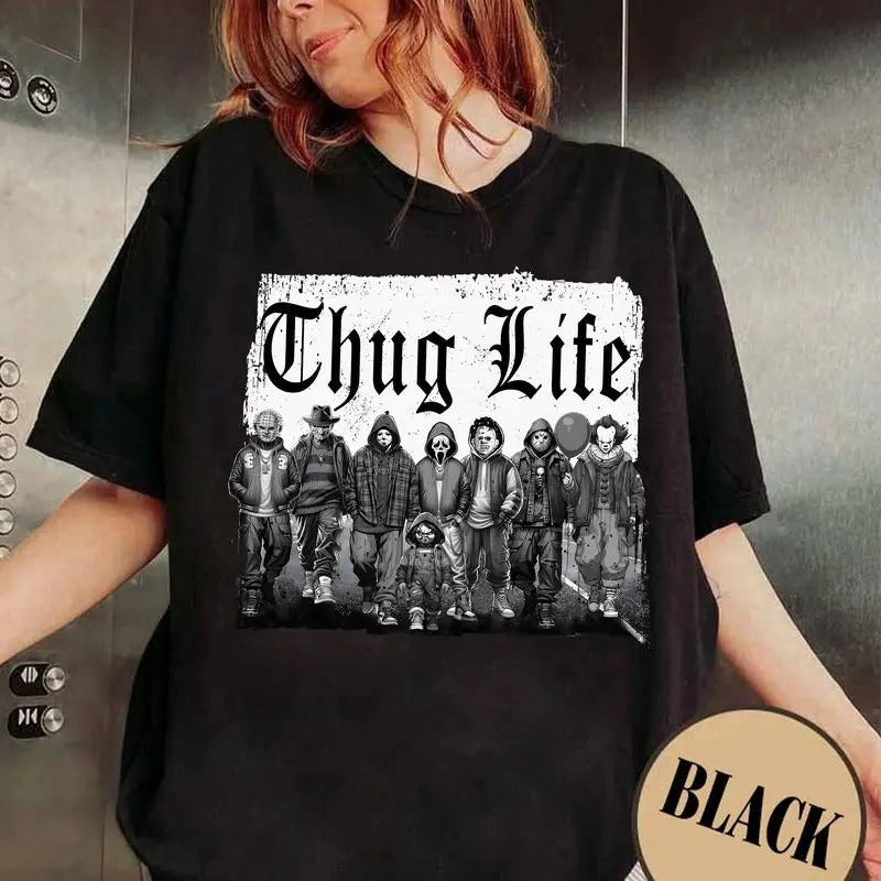 Thug Life Horror Characters Halloween Sweatshirt , Halloween Scary Movie Shirt, Halloween Horror Nights 2024 Shirt, Halloween Shirts, Halloween Sweatshirt, Unisex Classic Cotton Tee with Graphic Print in All Sizes, For Men, For Women