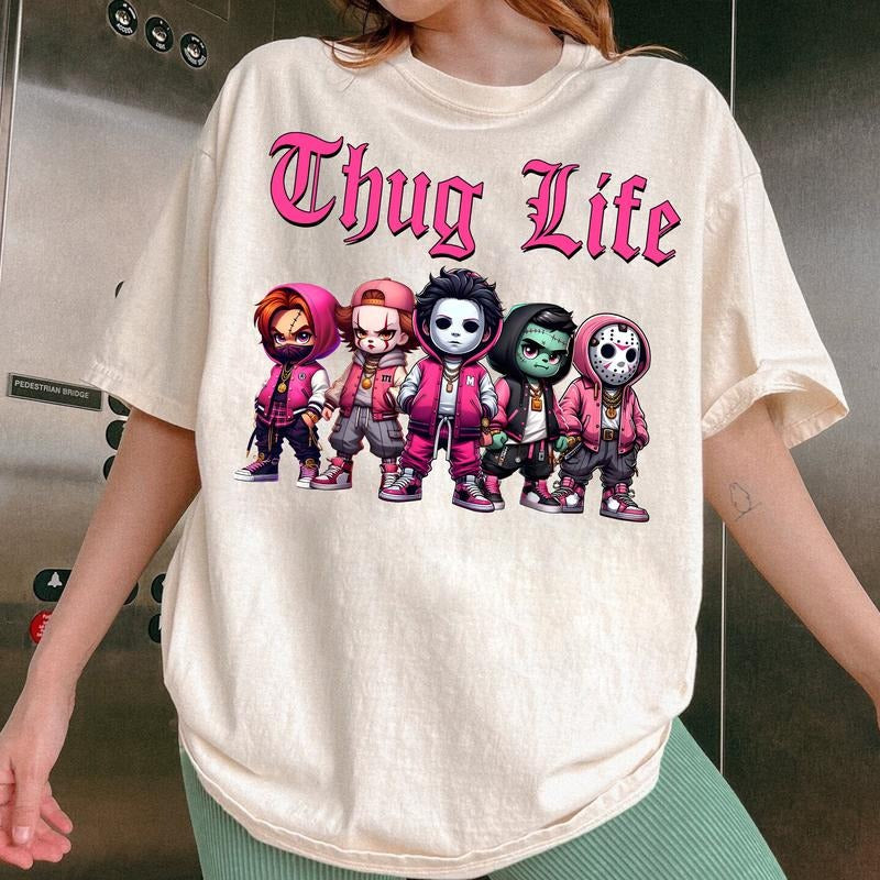 Thug Life Pink Cute Chibi Horror Movie Characters Shirt Sweatshirt, Halloween Shirts Women, Halloween Horror Nights 2024...