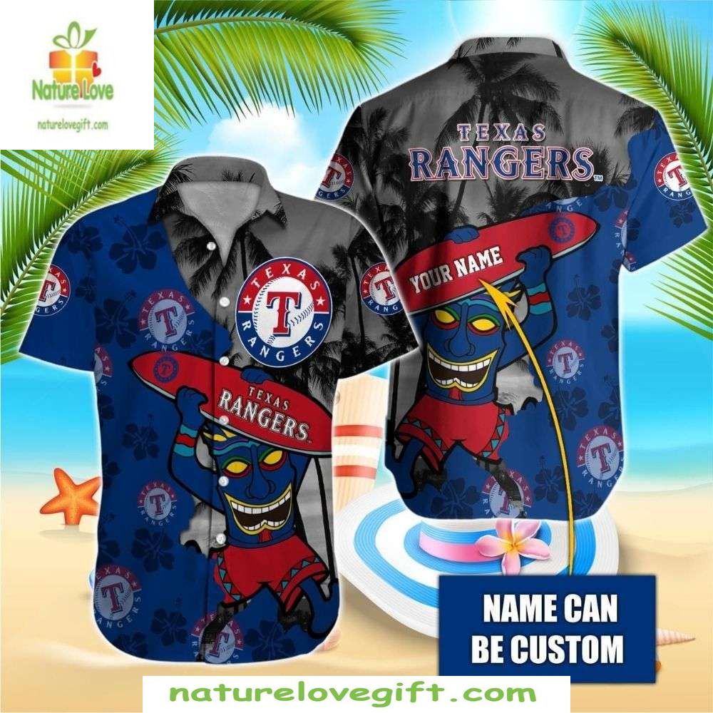 Texas Rangers Hawaiian Shirt Personalized Tiki Surfing MLB Baseball Aloha