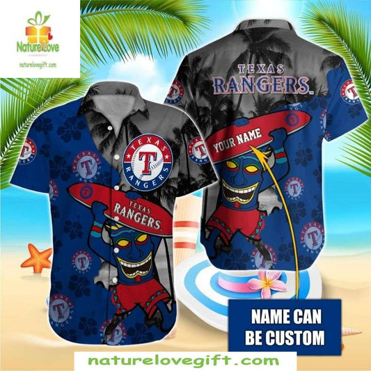 Texas Rangers Hawaiian Shirt Personalized Tiki Surfing MLB Baseball Aloha