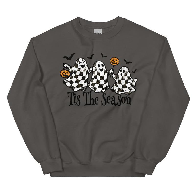 Tis The Season Checkered Ghost Sweatshirt Oversized trendy spooky Crewneck T-Shirts, Hoodie | InkThreadWorks.com