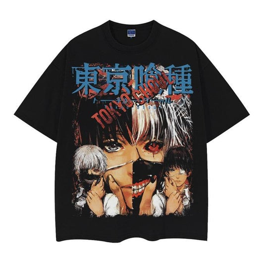 Tokyo Ghoul "Ken Kaneki" Heavyweight Vintage Tee 100% Cotton OVERSIZED Anime T-shirt Menswear Top Casual Streetwear Black Baggy Horror Mask Tshirt