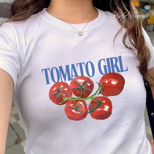 Tomato Girl Baby Tee, Fruit Shirt, Vintage Graphic Top, Cottagecore Style Shirt, Retro Graphic, 90s Top, Babytee Y2K