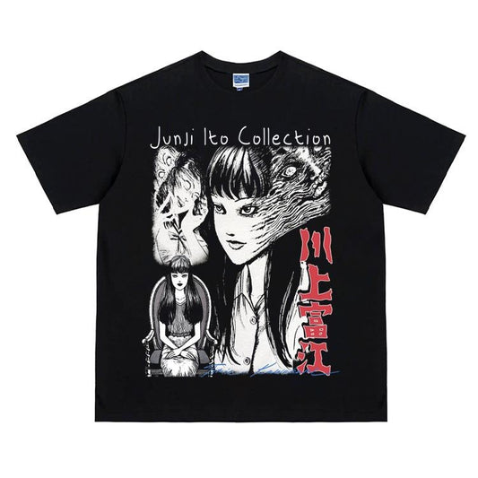 Tomie "True Self" Heavyweight Vintage Tee 100% Cotton OVERSIZED Anime T-shirt Menswear Top Streetwear Crew Necks Casual Gothic Clothes Black Crewneck Japanese Workwear Festival Costume Tshirt Gamis Tropical Shortsleeve