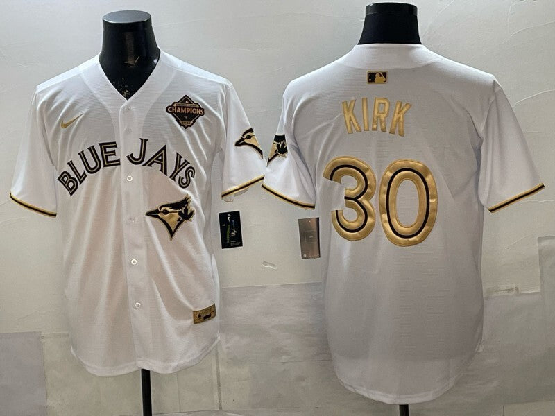 Toronto Blue Jays #30 Alejandro Kirk Blue Jays Retro 5 Gold Text Style 1