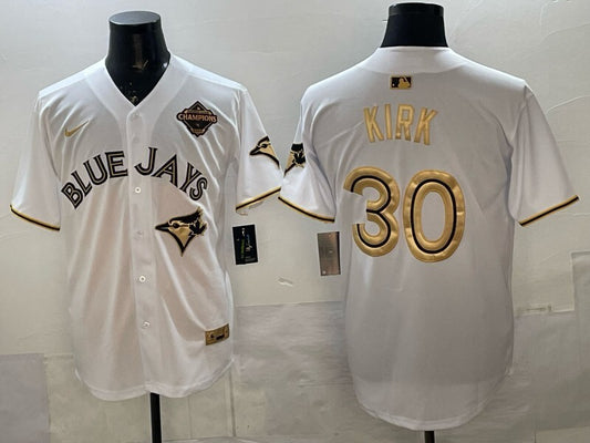 Toronto Blue Jays #30 Alejandro Kirk Blue Jays Retro 5 Gold Text Style 1