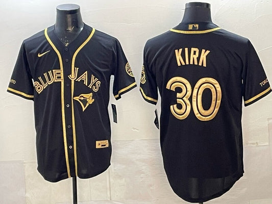 Toronto Blue Jays #30 Alejandro Kirk Blue Jays Retro 5 Gold Text Style 3