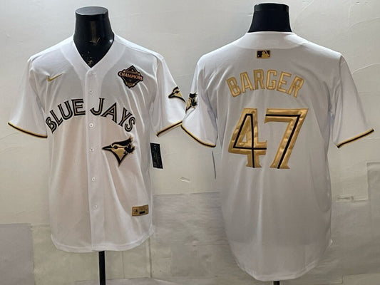 Toronto Blue Jays #47 Addison Barger Blue Jays Retro 5 Gold Text Style 1